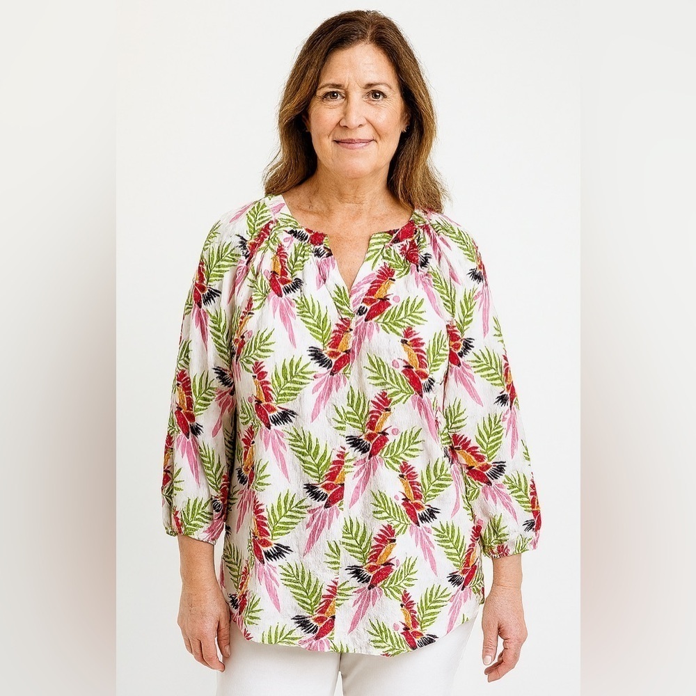 New Crown & Ivy Bird Macaw Peasant Blouse Fridas Garden Tropical Aloha Novelty